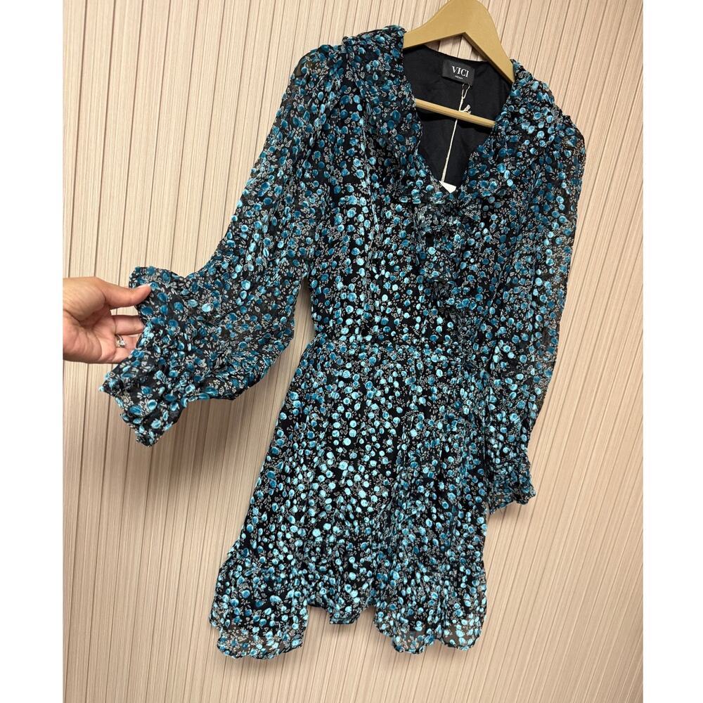 Vici Ruched Ruffle Long Sleeve Mini Dress Medium - Picture 3 of 13